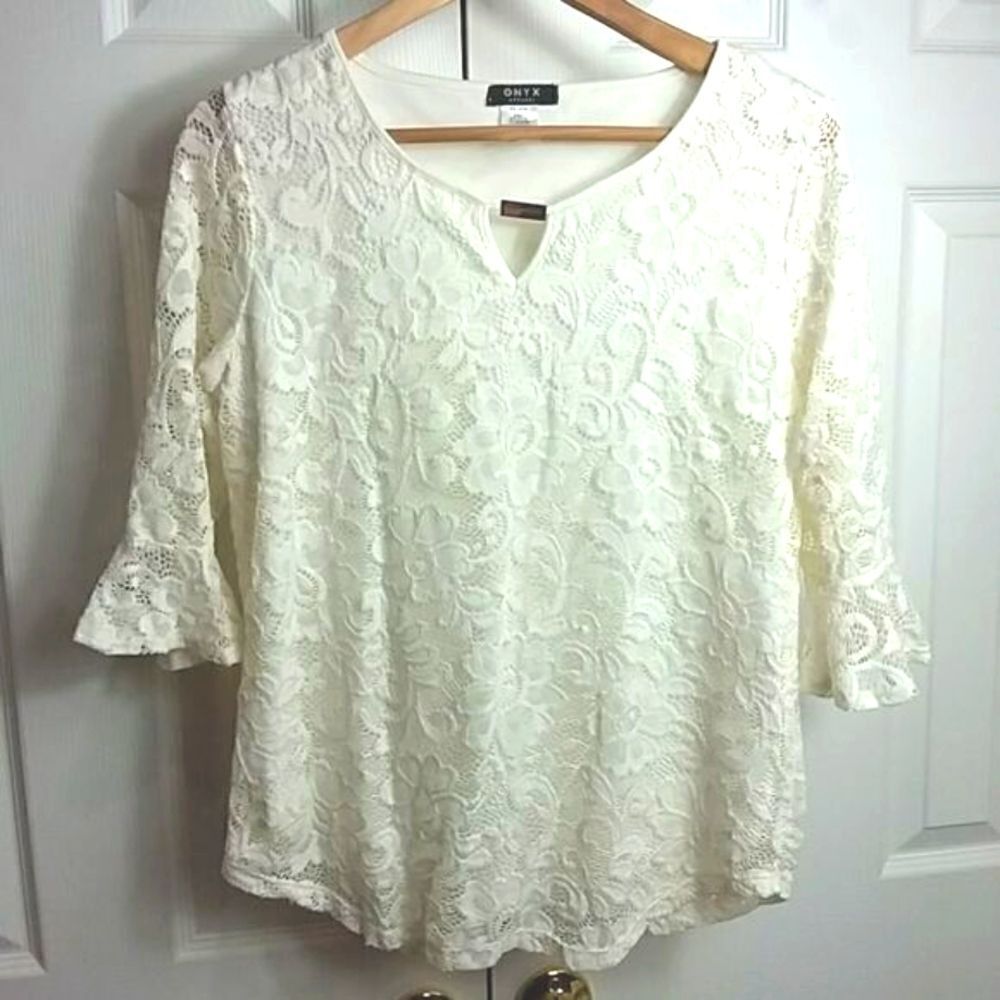 ONYX Apparel Cream Lace Bell Sleeve Shirt